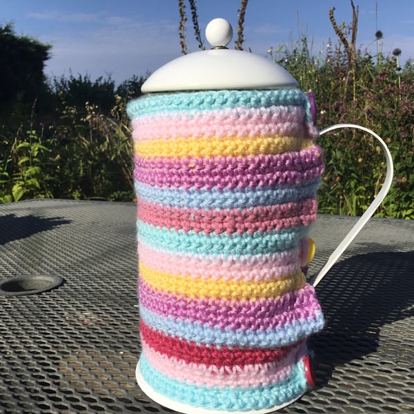 Hand crocheted and lined cafetiere cosy to keep your coffee hot