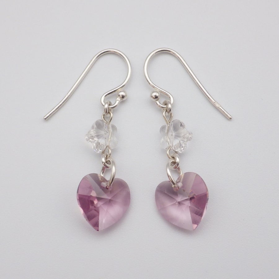 Pretty rose pink Swarovski heart and crystal clear Swarovski flower earrings