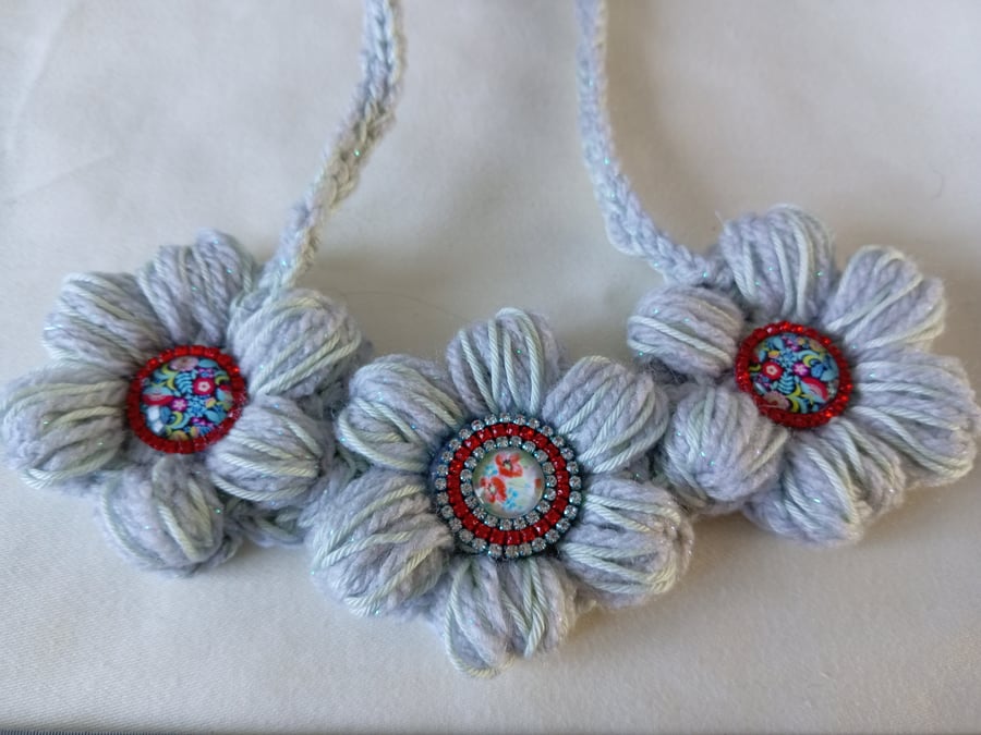 Soft Sparkly Grey Statement Flower Necklace 