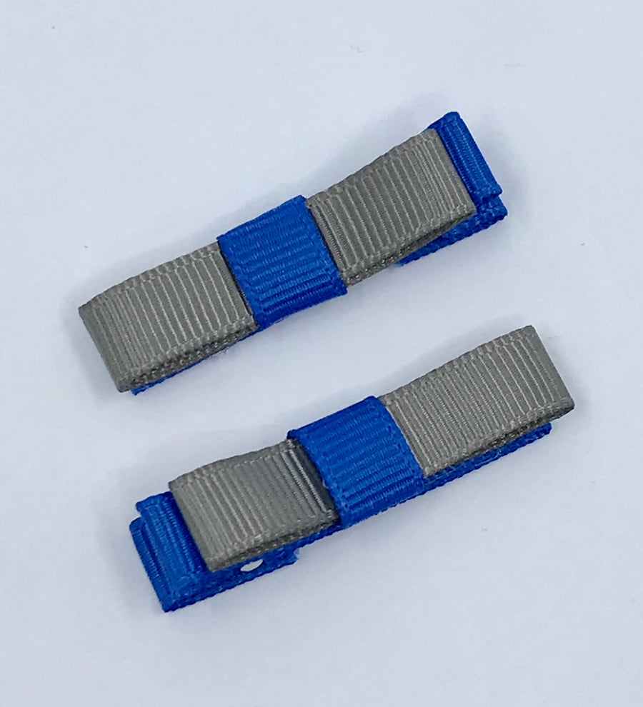 Small Straight Royal Blue and Grey Bow Clips (pair)