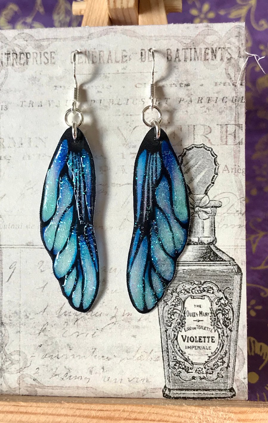 Blue and Black Frosted Fairy Wing Sterling Silver Earrings