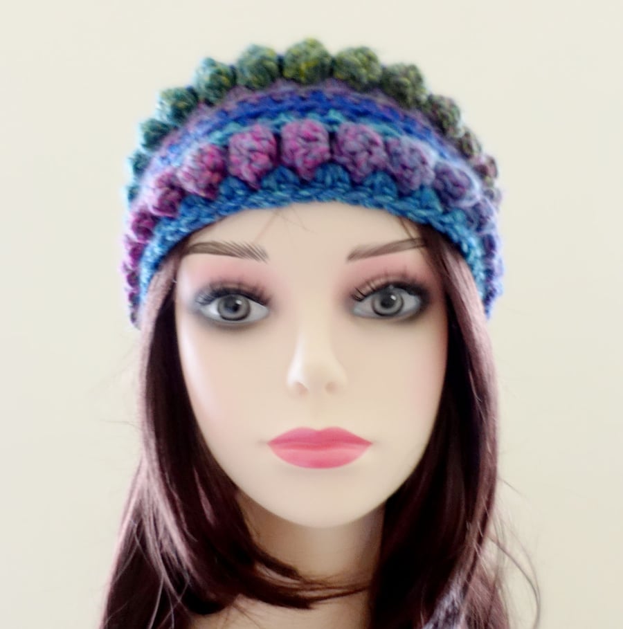 Headband Ear Warmer Hand Crochet  in Chunky Acrylic Yarn Ocean Hues