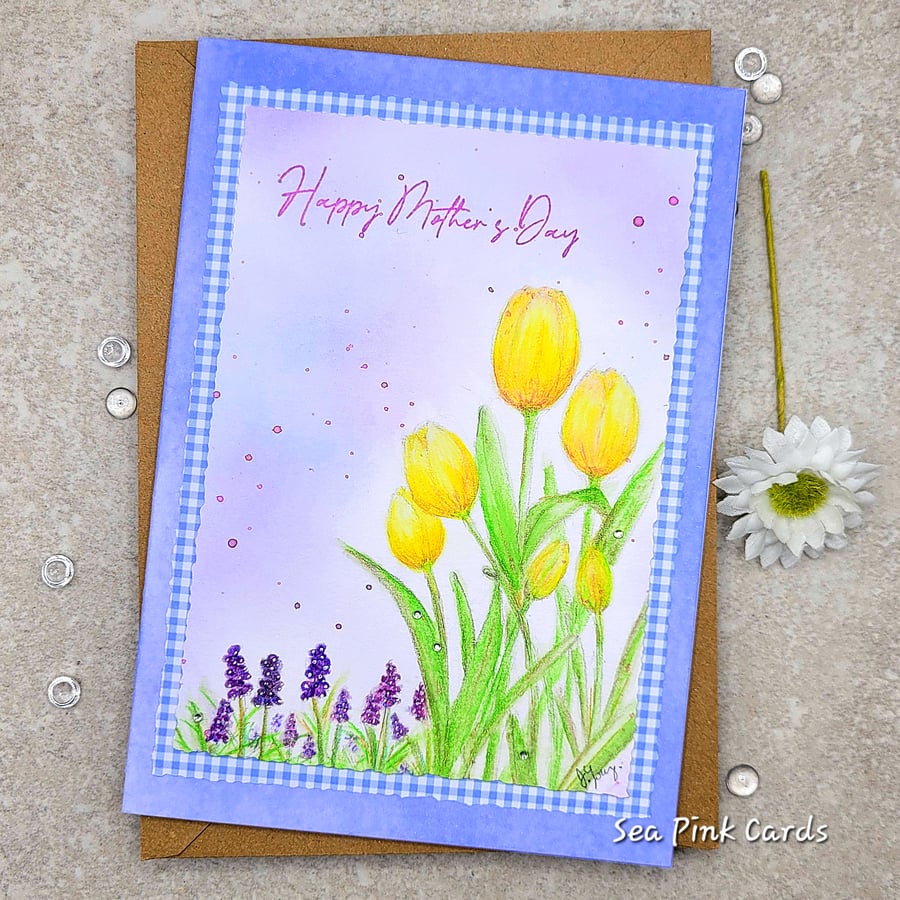 Mother's Day original handpainted card - yellow tulips, muscari, gingham