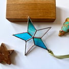 Iridescent blue teal stained glass star, stained glass Christmas decoration 