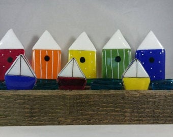 Fused Glass Beach Hut Scene freestanding in recycled wooden block, boats, sea,