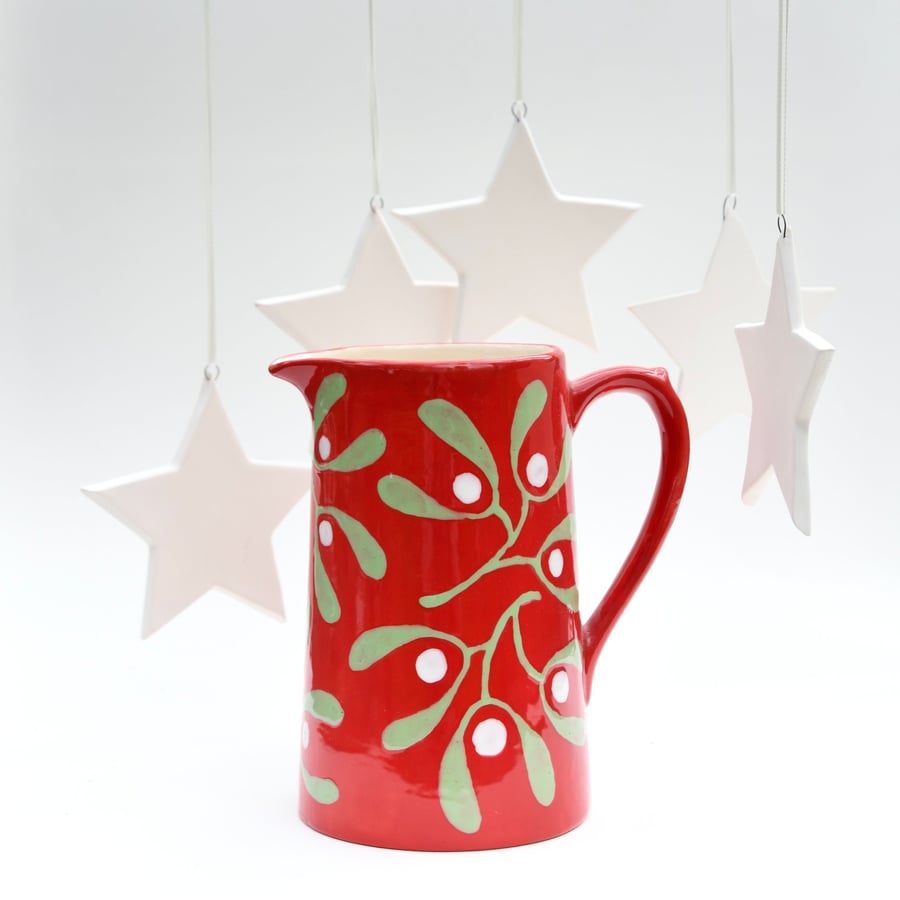 Christmas Red Mistletoe Farmhouse Jug - Hand Painted