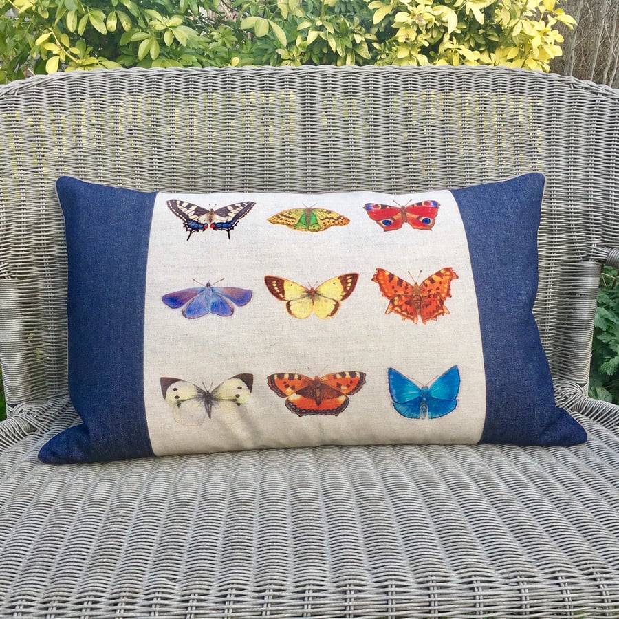 Butterfly cushion. FREE UK Postage.  Butterfly print pillow in linen and denim.
