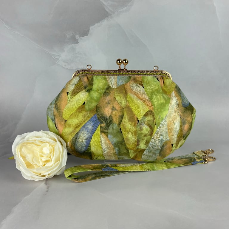 Dragonfly wings medium clutch bag, Detachable strap, Handmade