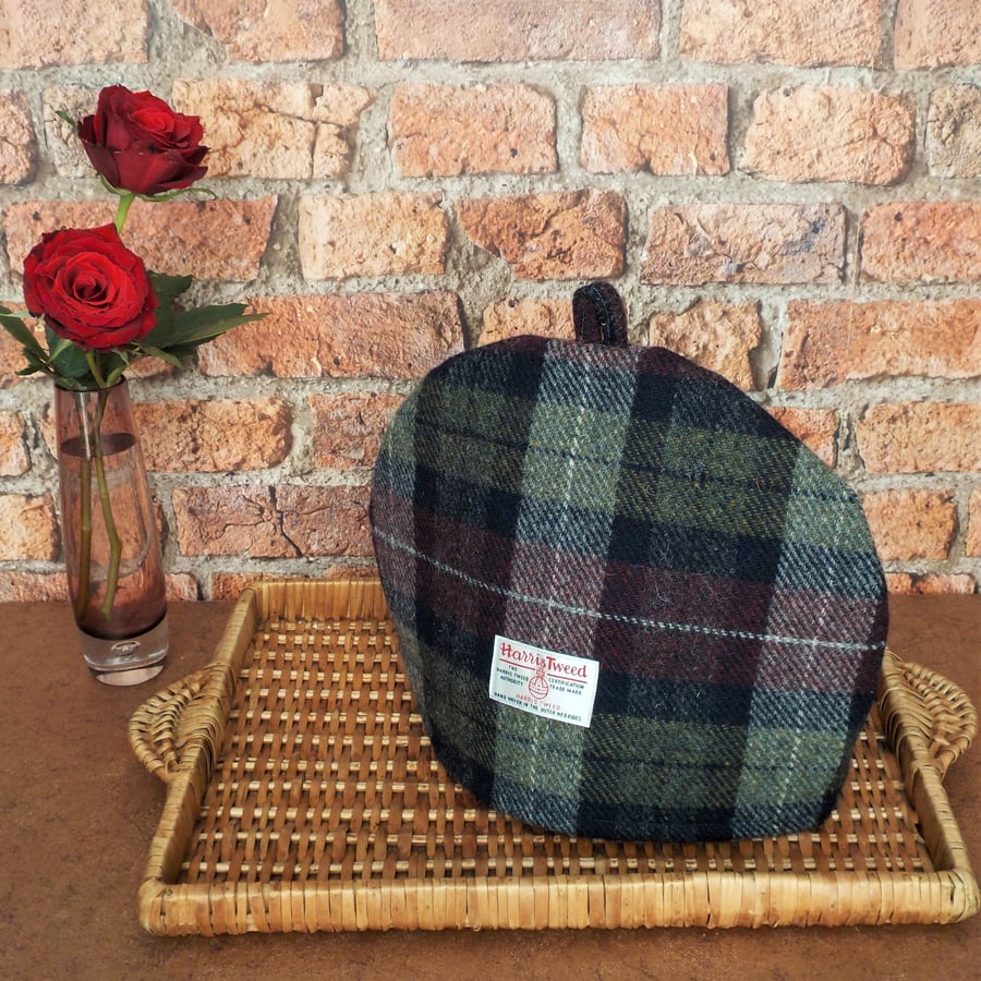 Harris Tweed tea cosy wine red olive green tartan fabric teapot cover