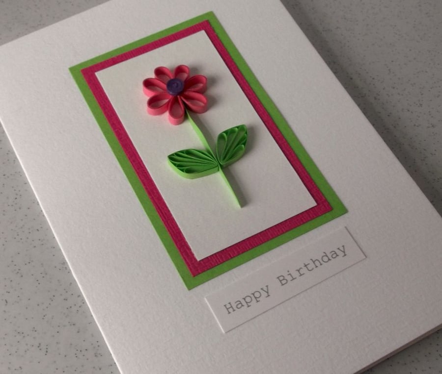 Birthday card, quilled pink daisy, handmade, quilling