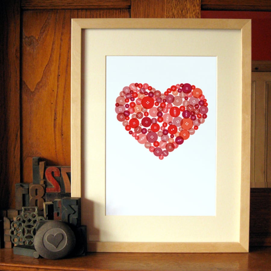 Button Heart in Red - A4 Giclee Print