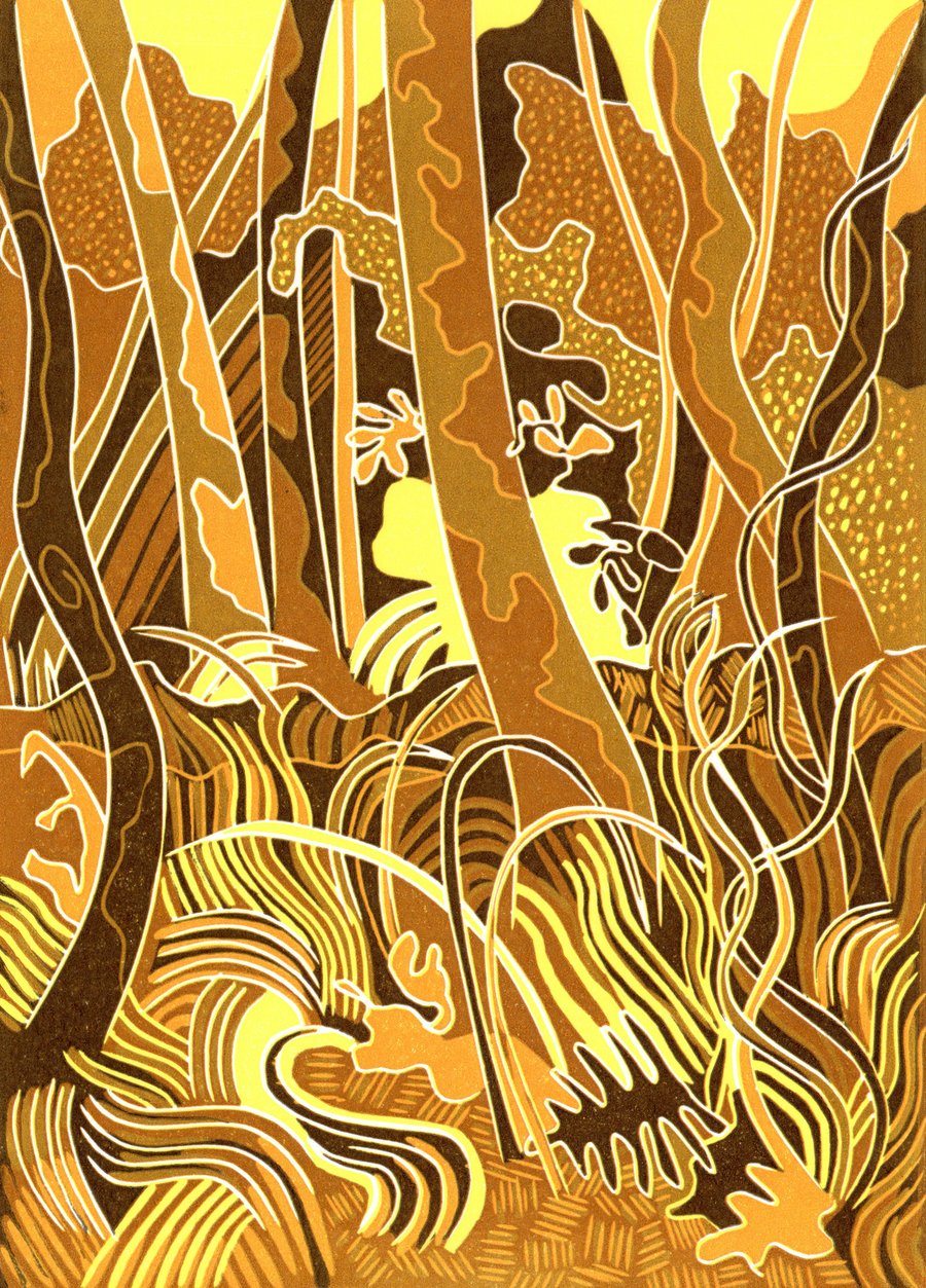 Autumn woodland lino print, Trees Tangle, Roots Grip.