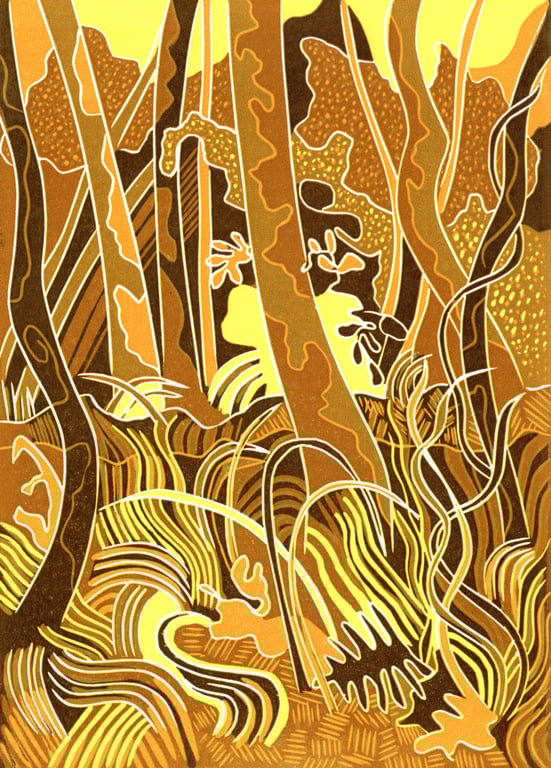 Autumn woodland lino print, Trees Tangle, Roots Grip.