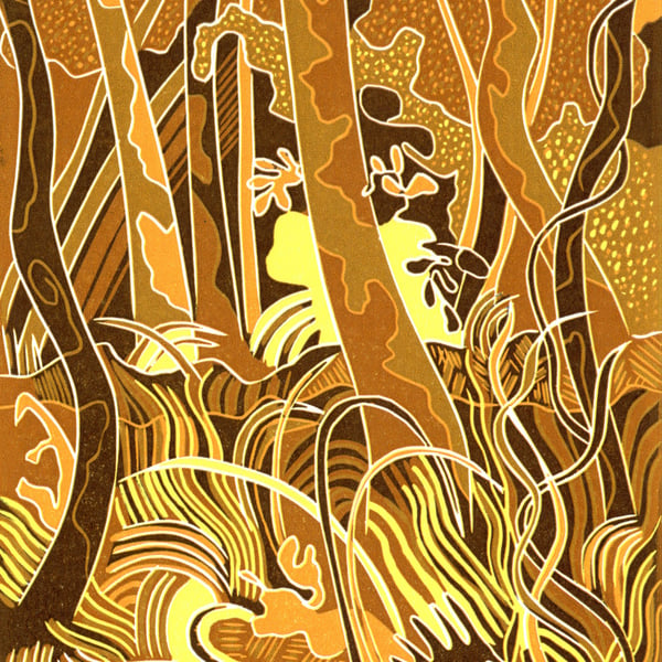 Autumn woodland lino print, Trees Tangle, Roots Grip.