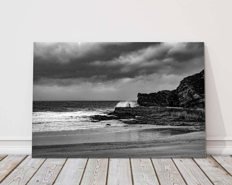 Portreath Harbour, stormy. Cornwall. Canvas picture print. 14"x10" (18mm depth)
