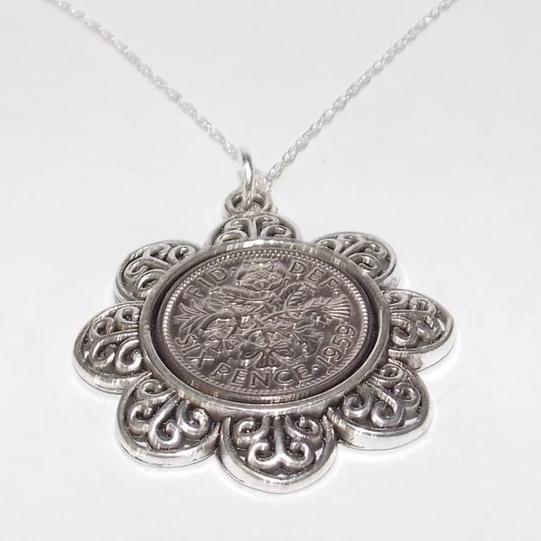 Floral Pendant 1959 Lucky sixpence 65th Birthday plus a Sterling Silver 18in Cha