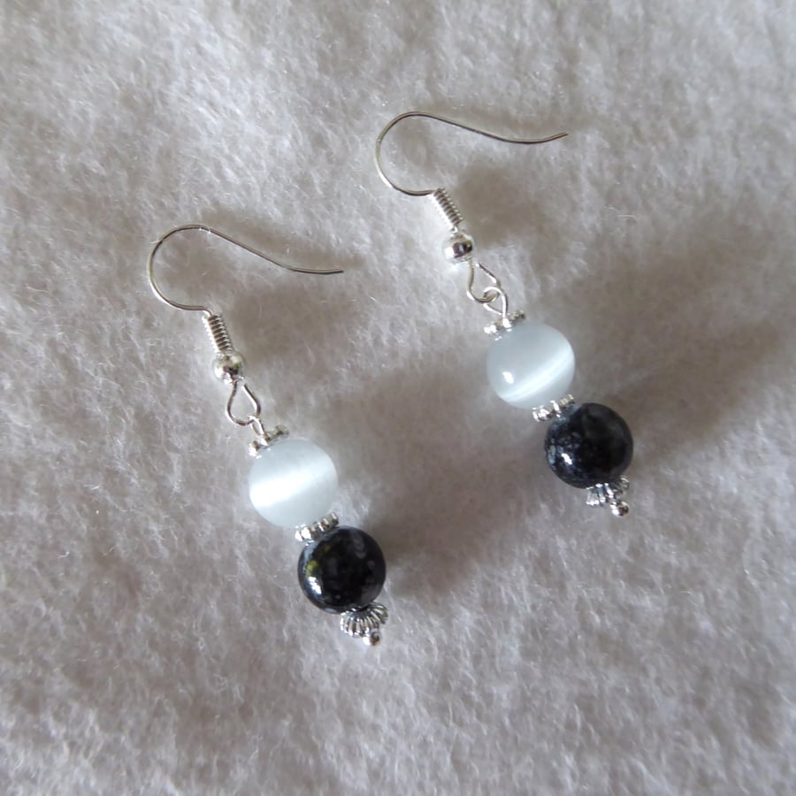 Image of Moonstone, Black silver detail, silver Hook dangle Earrings 3.5cm