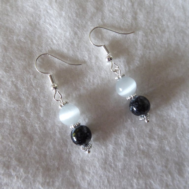 Moonstone, Black silver detail, silver Hook dangle Earrings 3.5cm