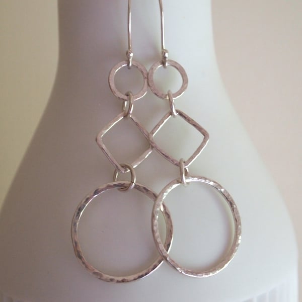 Sterling Silver Dangly Hoop Diamond Earrings, Long Dangle Hoop Earrings