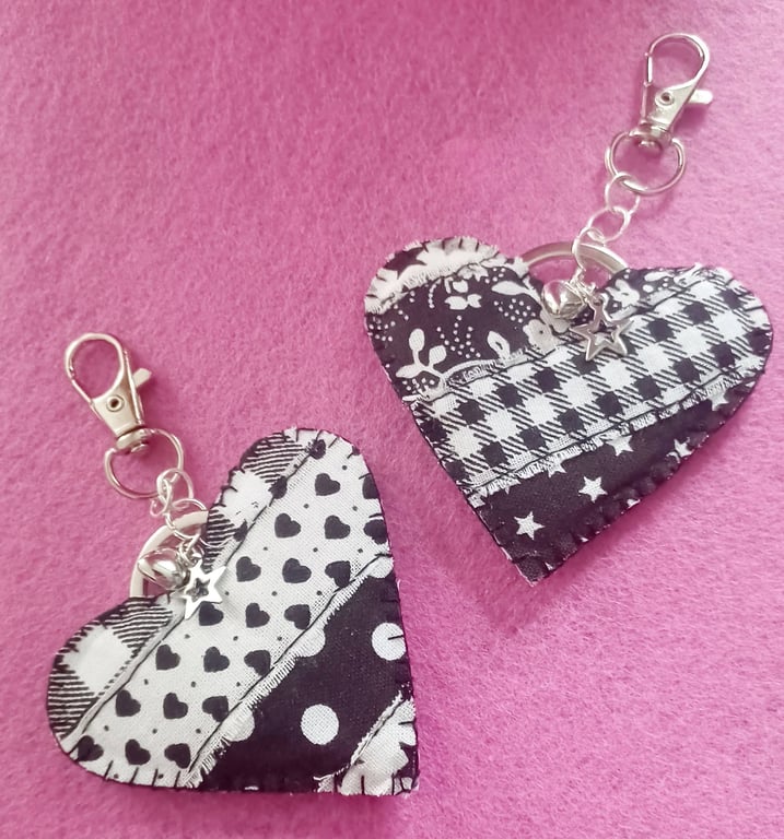 Handmade Fabric Patchwork Heart Keyring Bag Charm Black and White