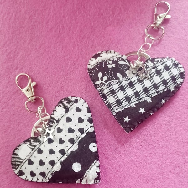 Handmade Fabric Patchwork Heart Keyring Bag Charm Black and White