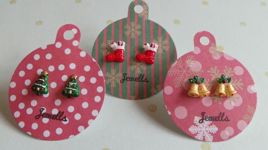 HALF PRICE Tiny resin Christmas earrings - santa, snowman, stockings, trees