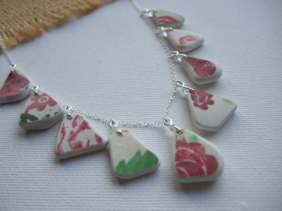 Scottish sea pottery necklace, beach china red flower pattern necklace, unique