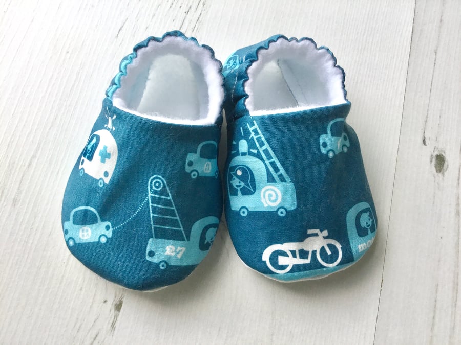 Handmade Scandinavian Vehicles Blue Kids Slippers Pram Shoes Baby GIFT IDEA 0-9Y