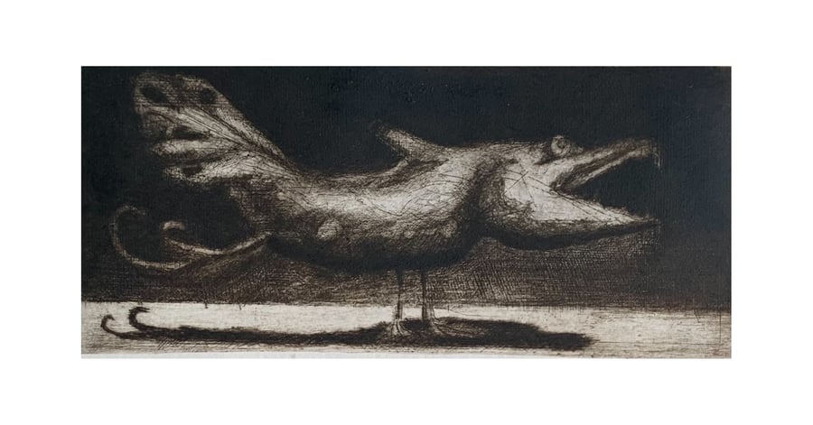 Original dry point etching of an imaginary bird.