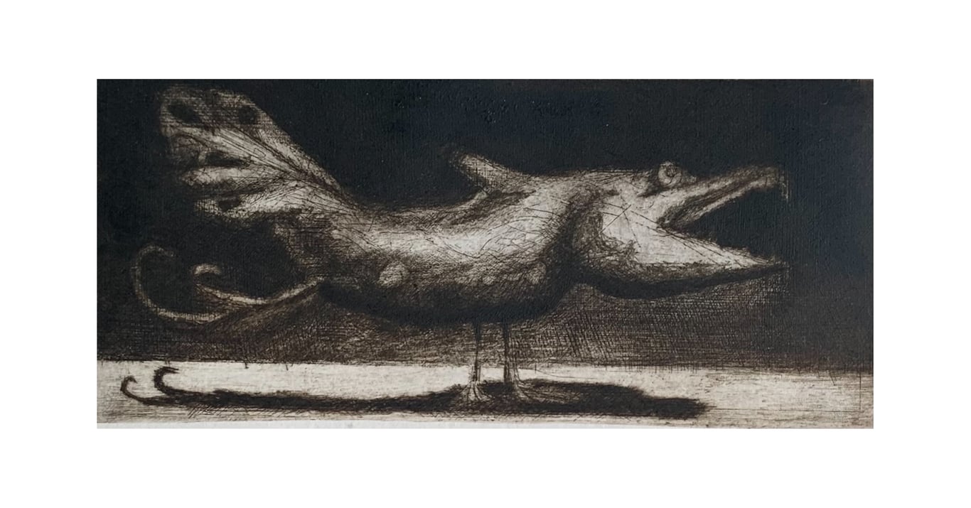 Original dry point etching of an imaginary bird.