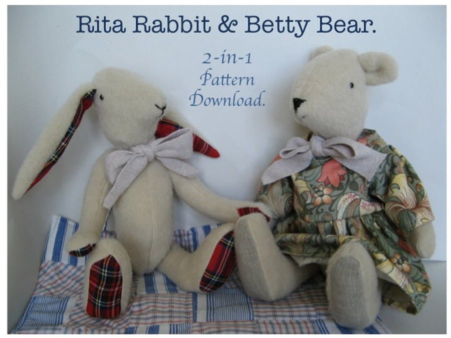 Rabbit Pattern & Stuffed Bear Pattern - Softie Patterns Suitable for Beginners. 