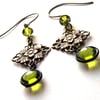 Green Earrings with Brass Filigree 