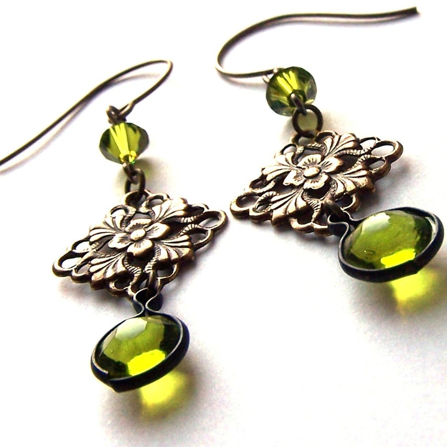 Green Earrings with Brass Filigree 