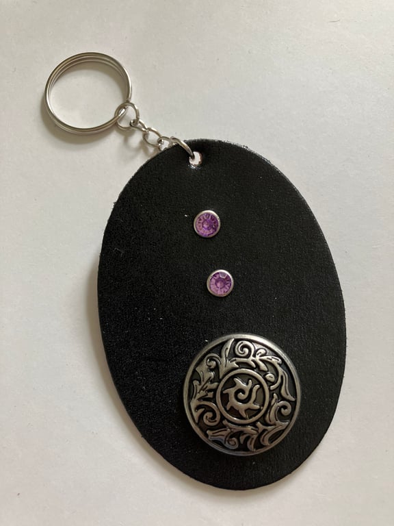 Black Leather Keyring with Floral Design and 2 Purple Gemstones -FREE SHIPPING