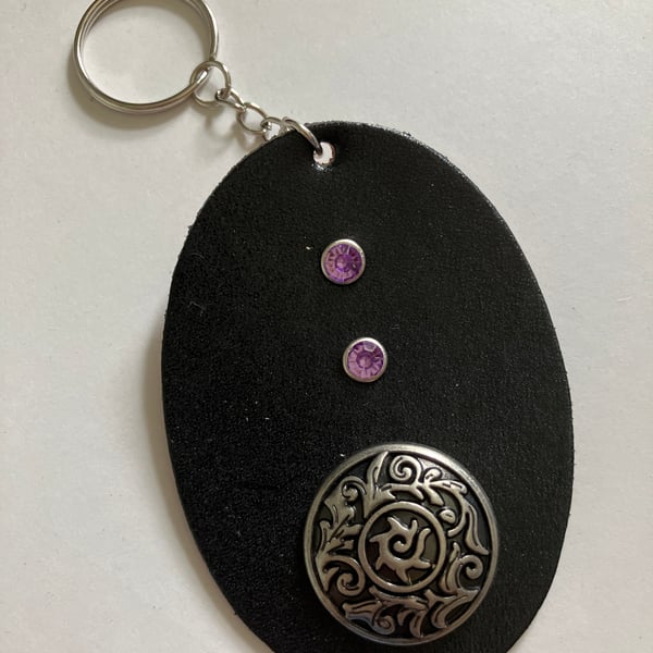 Black Leather Keyring with Floral Design and 2 Purple Gemstones -FREE SHIPPING