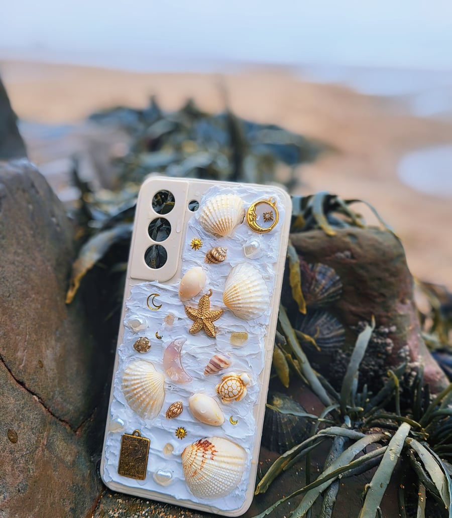 MERMAID SEASHELL PHONE CASE, HANDMADE WITH TRINKETS AND SEA SHELLS FROM CORNWALL