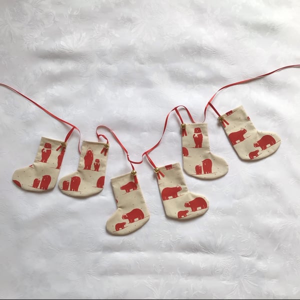 Christmas stocking, garland, bunting, fireplace decoration, polar bears, red, 