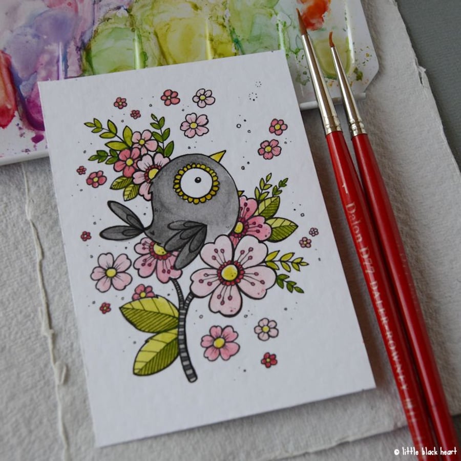 cherry blossom blackbird - original aceo