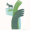 Magic Donkey No.16 Three-Colour A5 Reduction Linocut Print