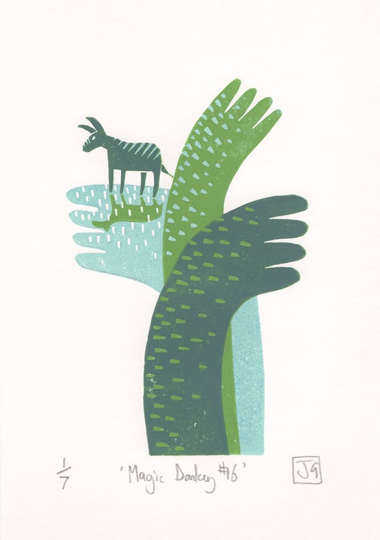 Magic Donkey No.16 Three-Colour A5 Reduction Linocut Print
