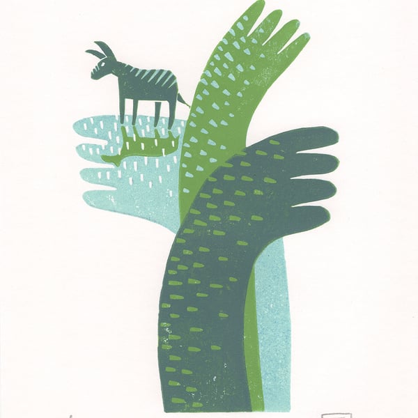 Magic Donkey No.16 Three-Colour A5 Reduction Linocut Print