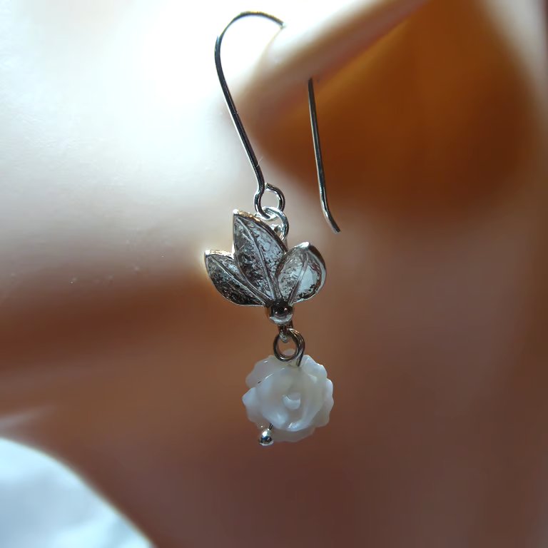  Sterling Silver & Mother of Pearl Rose & Leaves Earrings