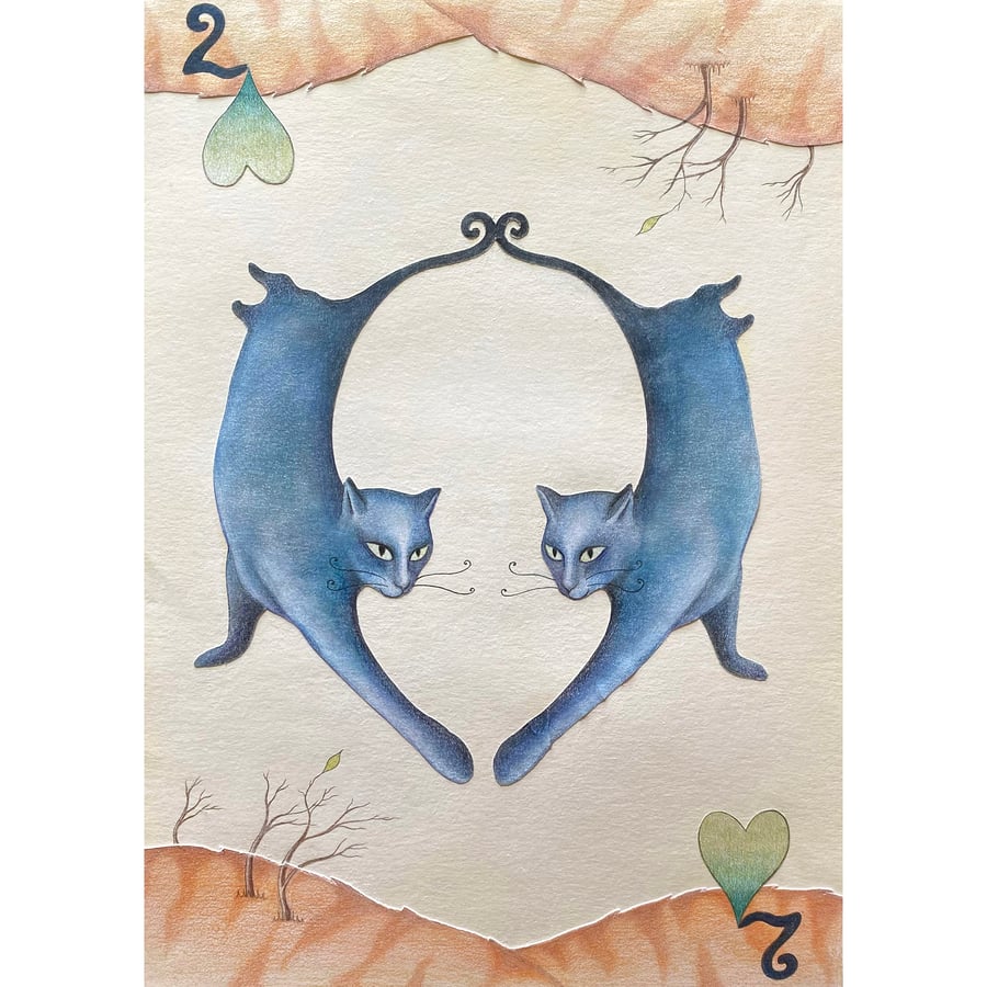 Two of Hearts Art - cat art, drawing, surreal illustration, pastel 