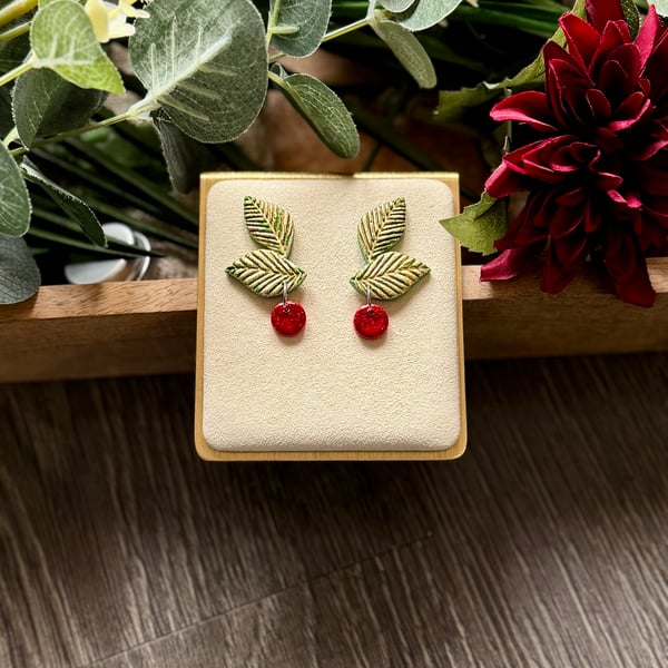 Festive Leaf and Berry Polymer Clay Earring