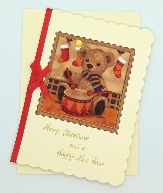 Teddy Bear Fabric Christmas Card 277B