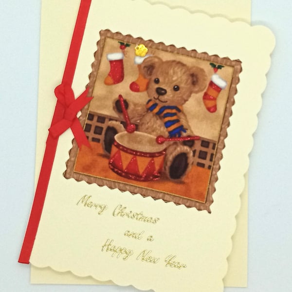Teddy Bear Fabric Christmas Card 277B