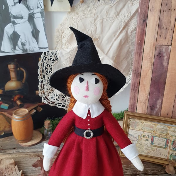 Art doll witch, handmade cloth doll, Yule decoration, pilgrim doll