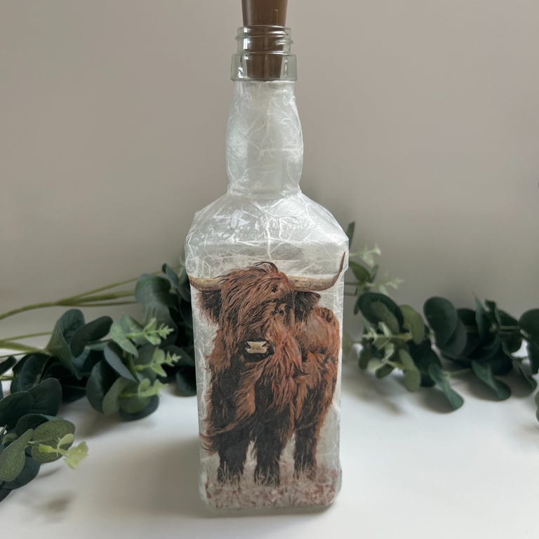 Decoupage Bottle Light Highland Cow, Home Decor