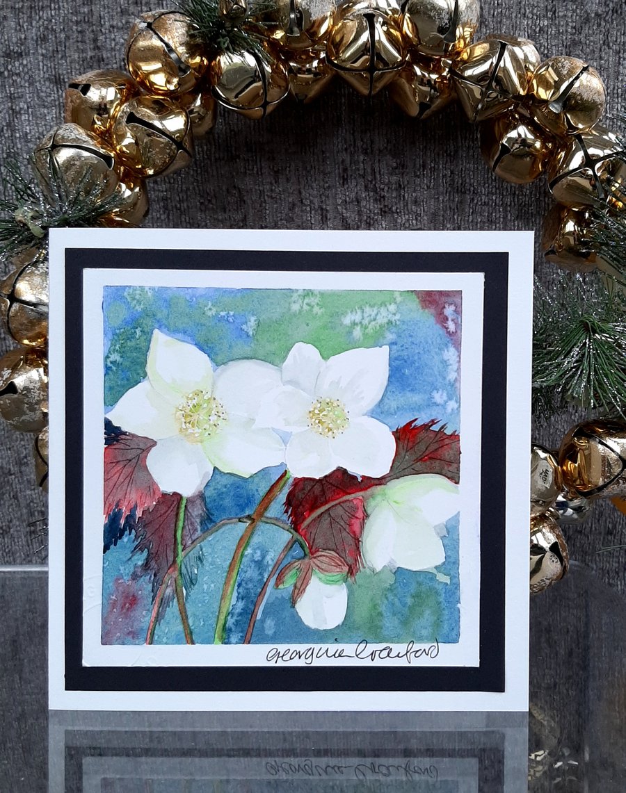 Blank Christmas Card Hellebores, Christmas Rose Handpainted Watercolour Keepsake