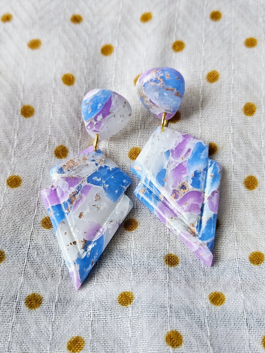 Large Dangle Earrings Pearl White Blue Pink Rose Gold Earrings Polymer Clay